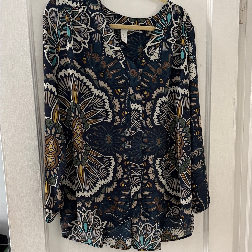 H&M Navy Floral Blouse with Gold and Teal Accents